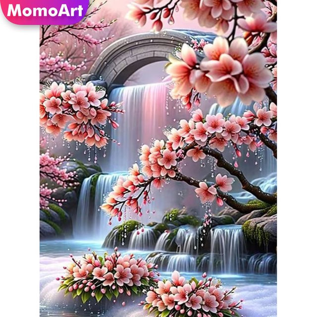 Momoart Diamantmalerei DIY Bild Wasserfall-Landschaft mit Blumen als Strass-Stickerei in Multicolour, B/H: 20 x 30 cm - Bild 1