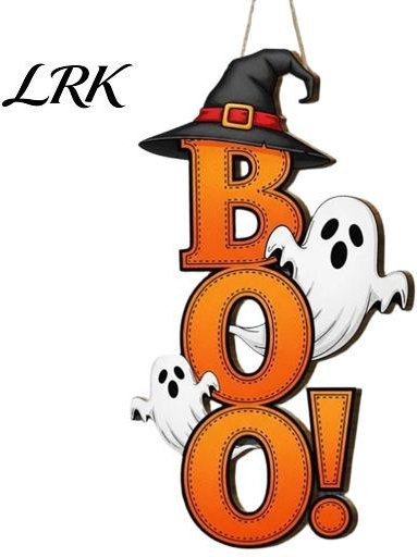 DrakeWarden Halloween Hängeschild Boo Geister Schild aus Holz in Orange mit Hexenhut als Retro Dekoration - Bild 1