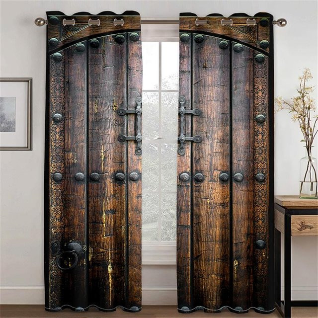 2er-Set 3D-Retro-Vorhänge mit Holztüreffekt in Braun, semi-transparent, Polyester, Breite: 50 cm, Höhe: 130 cm - Bild 1