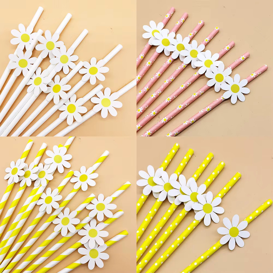 20 Stück Einweg Papierstrohhalme mit Gänseblümchen-Design in Pink für deine Partydekoration - Bild 1