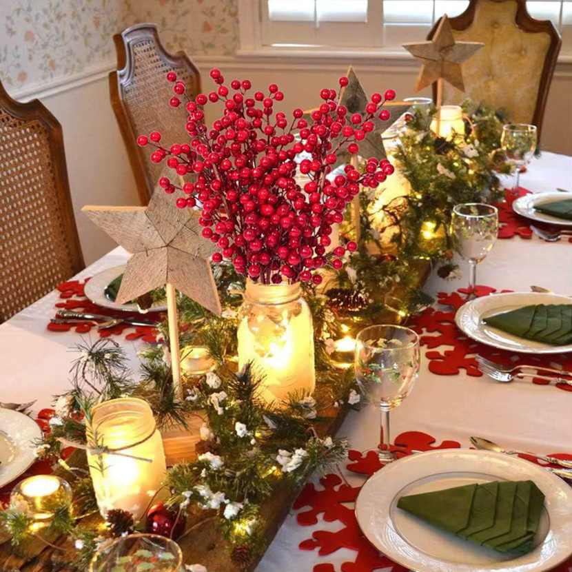 Yusheng Künstliche Stechpalme mit roten Beeren für Weihnachtsdekoration und Tischdekoration, 3er-Set, Rot - Bild 5