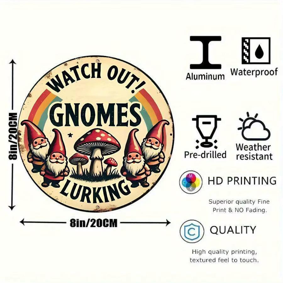 Rundes Aluminium-Wandschild Potdemiel Vintage Uhr raus! Gnomes Lurking mit skurrilem Zwergen-Design und Pilz, Durchmesser: 20,3 cm - Bild 3