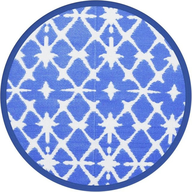 vidaXL Outdoorteppich rund in Blau und Weiß, geometrisches Design, UV-beständig und pflegeleicht, Durchmesser: 160 cm - Bild 1