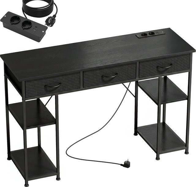 HOMCOM Computer-Schreibtisch mit 2 USB-Ladeanschlüssen, 2 Steckdosen und 3 Stoffschubladen, Arbeitsplatz mit verstellbaren Regalen und Stahlgestell, schwarz, Breite: 120 cm, Tiefe: 40 cm - Bild 1