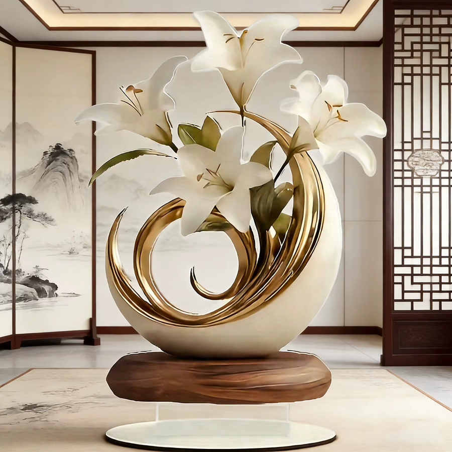 Elegante 2D Kristallvase mit weißer Lilie und goldener Dekoration aus Glas für dein Wohnzimmer oder Büro in Weiß und Gold - Bild 2