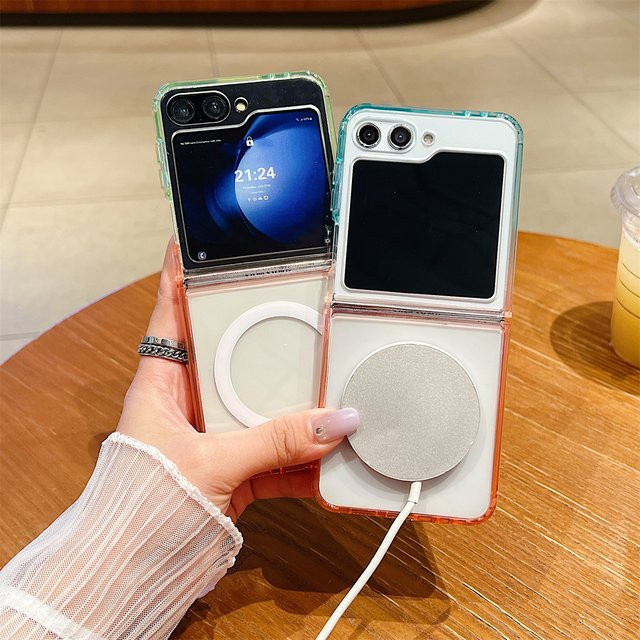 MagSafe Handyhülle für Samsung Galaxy Z Flip mit Farbverlauf aus klarem Acryl in Multicolour und Orange, transparentes Design mit magnetischer kabelloser Ladefunktion - Bild 1