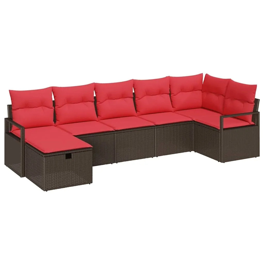 vidaXL Sofa Set aus Poly-Rattan in Braun und Rot mit 7 Teilen und Kissen - Bild 2