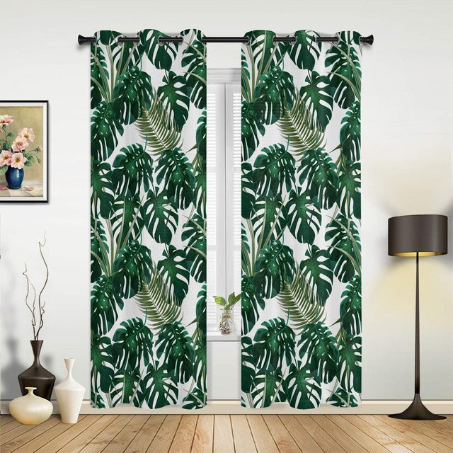 Yiran Furniture Vorhänge mit Palmenblatt-Design in Gelb, Grau, Weiß und Grün, Set aus 2 Stück, B: 135 cm, H: 160 cm - Bild 1