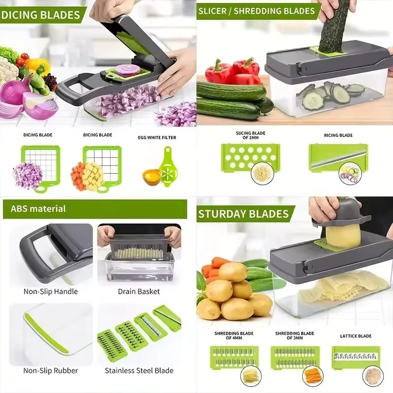 Multifunktionaler 5-in-1 Gemüseschneider und Küchenwerkzeug in Grau aus Kunststoff zum Zerkleinern von Tomaten, Karotten, Käse und Zwiebeln inklusive Würfelreibe - Bild 5