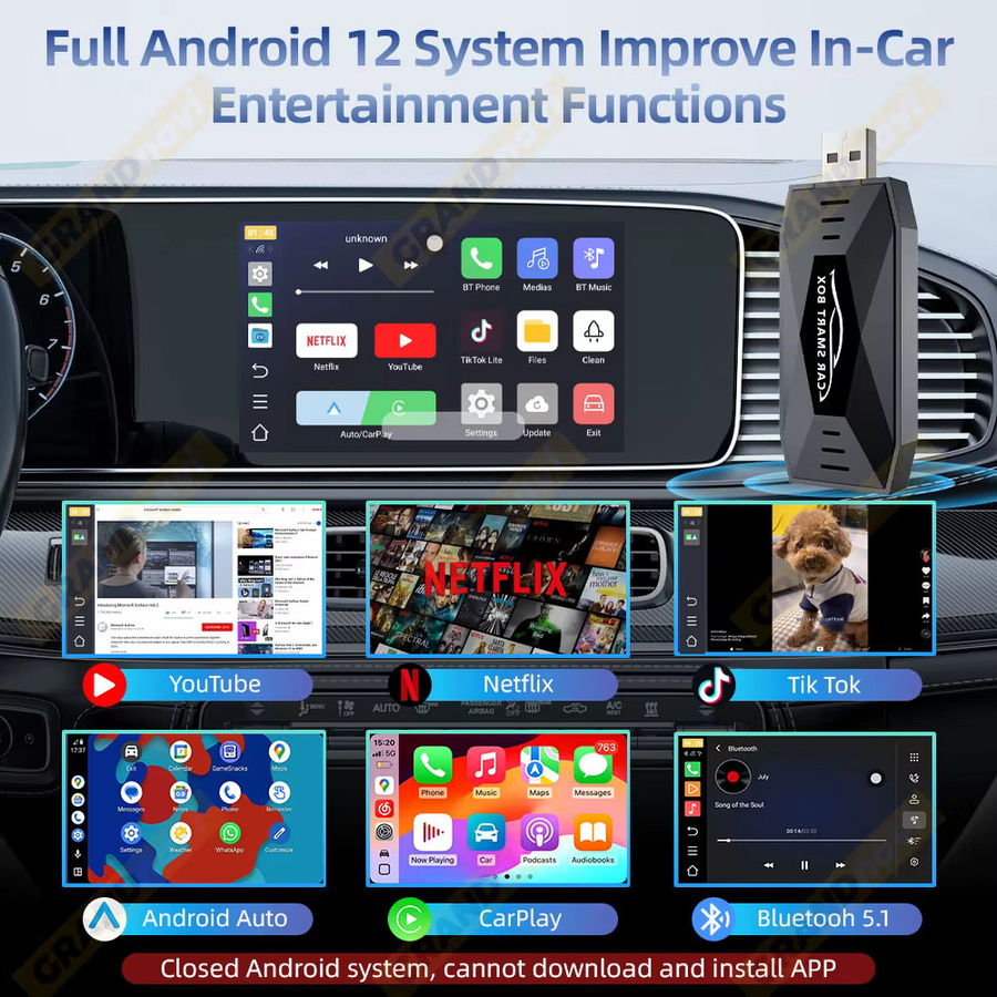 Grandnavi 3-in-1 AI Box mit Android 15, Wireless CarPlay und Android Auto USB-Adapter für YouTube und Netflix, Schwarz - Bild 4