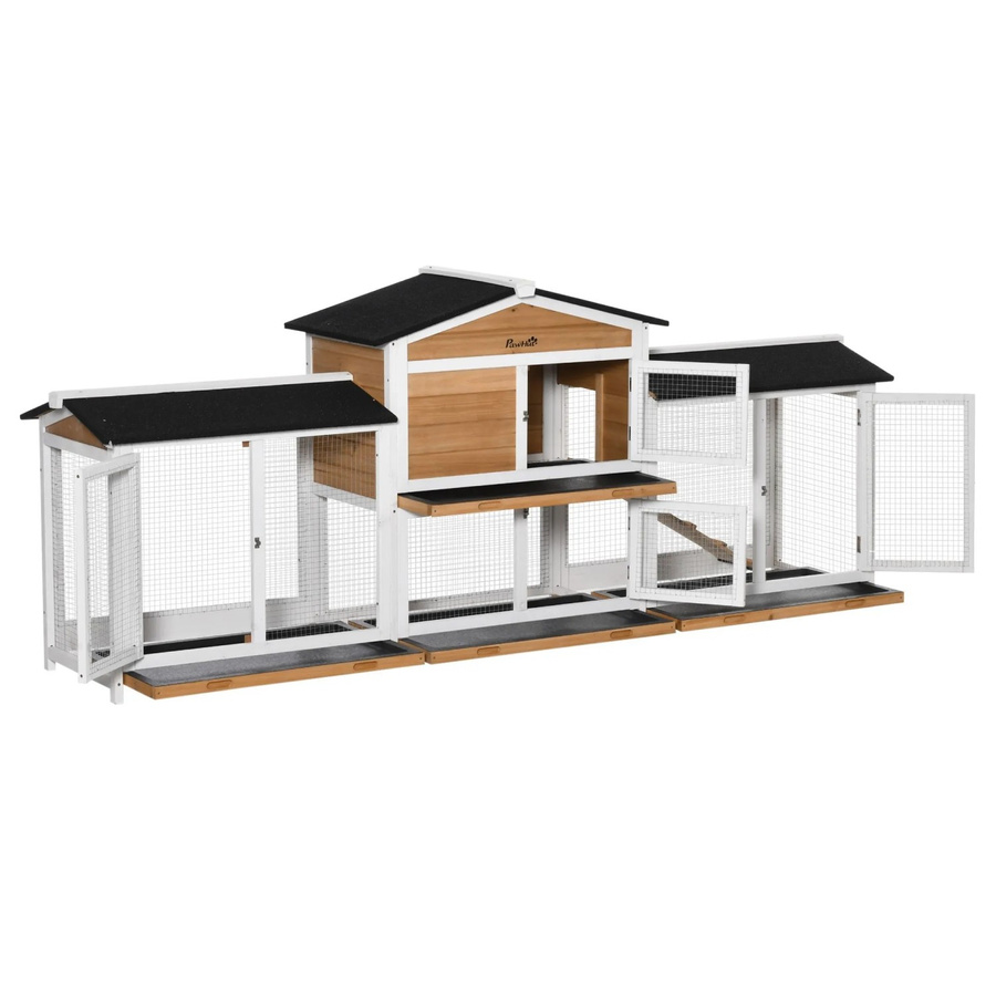 PawHut Kleintierstall mit Auslauf und Rampe aus Tannenholz in Weiß, B/T/H: 230 x 53 x 93,5 cm - Bild 2