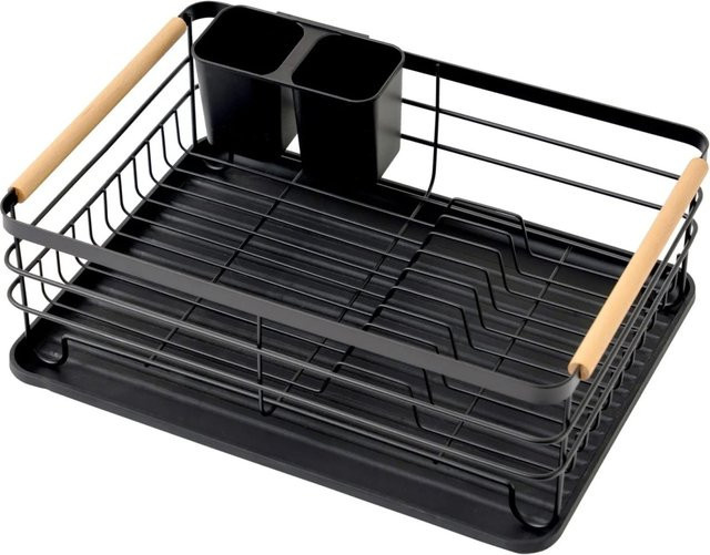 CHEFGASTRO Abtropfgestell für Geschirr in Schwarz mit Besteckhalter und Abtropfbrett aus Stahl und Holz, B/T/H: 42 x 14 x 30 cm - Bild 1