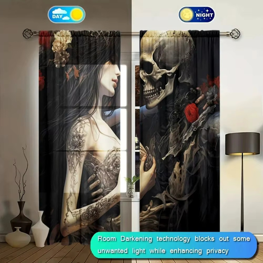 VIKAMA Gothic Rose Skull Vorhänge im Dark-Style, Schwarz, halbtransparent mit Ösen - Bild 2