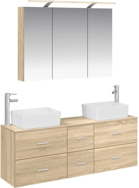 vidaXL Badezimmermöbel-Set 4-teilig in Sonoma-Eiche mit Glasfronten und LED-Beleuchtung, Farbe: Braun - Bild 1