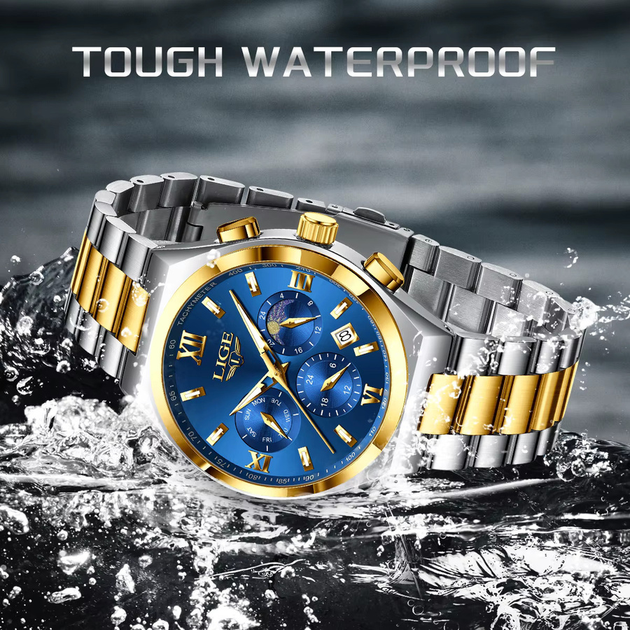 LIGE Armbanduhr Chronograph, Quarz, Edelstahl, Blau, Herren - Bild 3