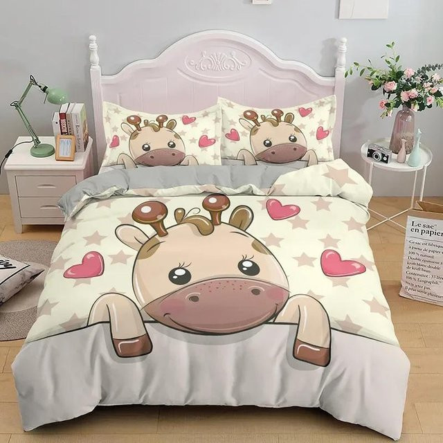 Bettwäscheset mit Cartoon-Giraffe und tropischen Tieren von Binchi Outdoor Product, weiß, 2-teilig aus Polyester, B/H: 70 x 133 cm - Bild 1