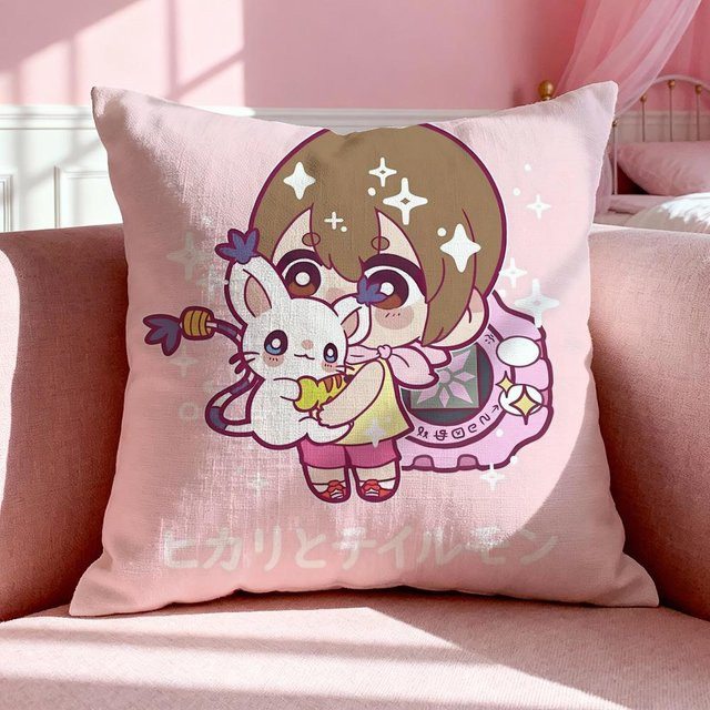 Anime D-Digimon Adventure Kissenbezug aus Leinen in Pink, B/T/H: 18 x 18 x 0 cm - Bild 1