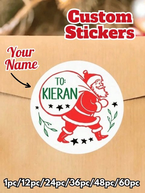 Personalisierte Frohe Weihnachten Aufkleber im Vintage-Weihnachtsmann-Design, runde Etiketten für Geschenke und Boxen, Durchmesser: 3 cm - Bild 1