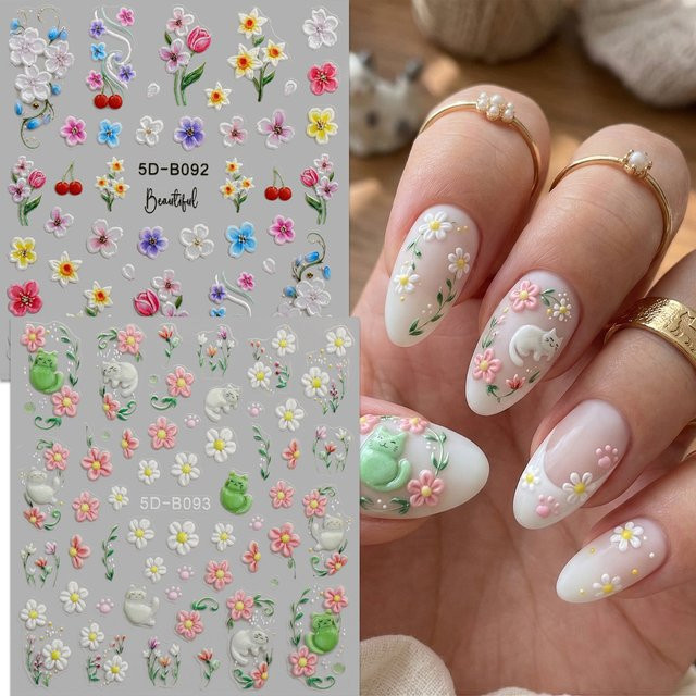QIANJIKU Nagelaufkleber 5D, Katzen & Frühlingsblumen, Weiss - Bild 1