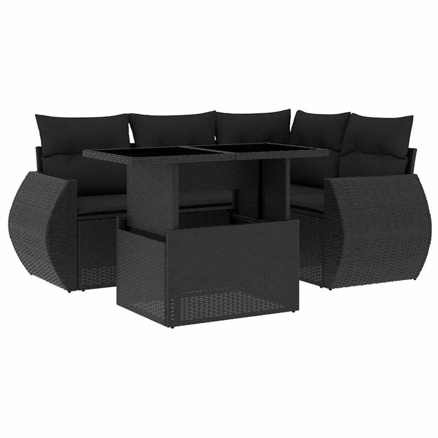 vidaXL 5-teilige Garten-Sofagarnitur in L-Form aus schwarzem Poly-Rattan mit Kissen und pulverbeschichtetem Stahlgestell - Bild 2