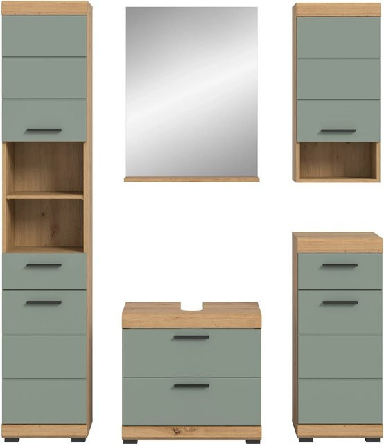 5-teilige Badkombination xonox in Salbei mit Eichen-Nachbildung und Spiegel, B/H/T: 164 x 191 x 34 cm - Bild 1