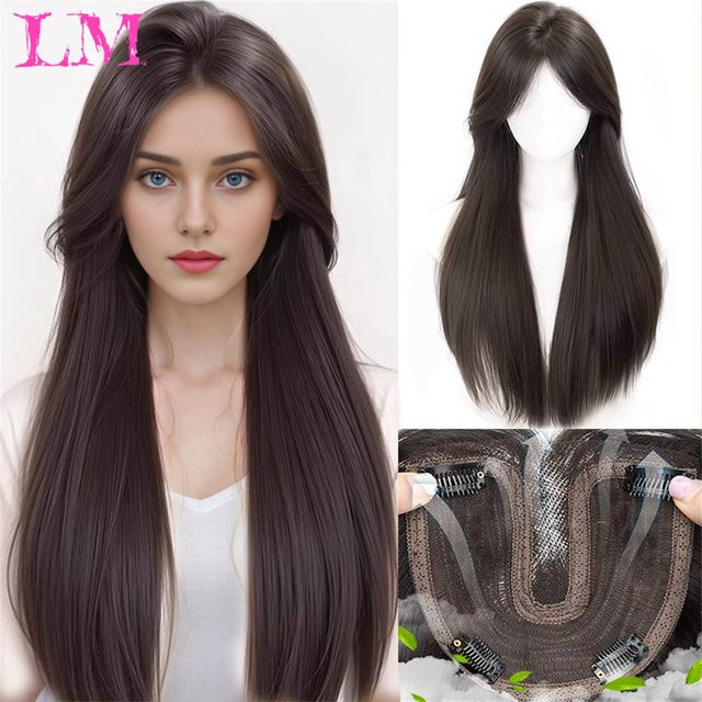 LIANGMO Clip-in-Haarteil Haarverlängerung mit Haarspangenpony, Schwarzbraun - Bild 1