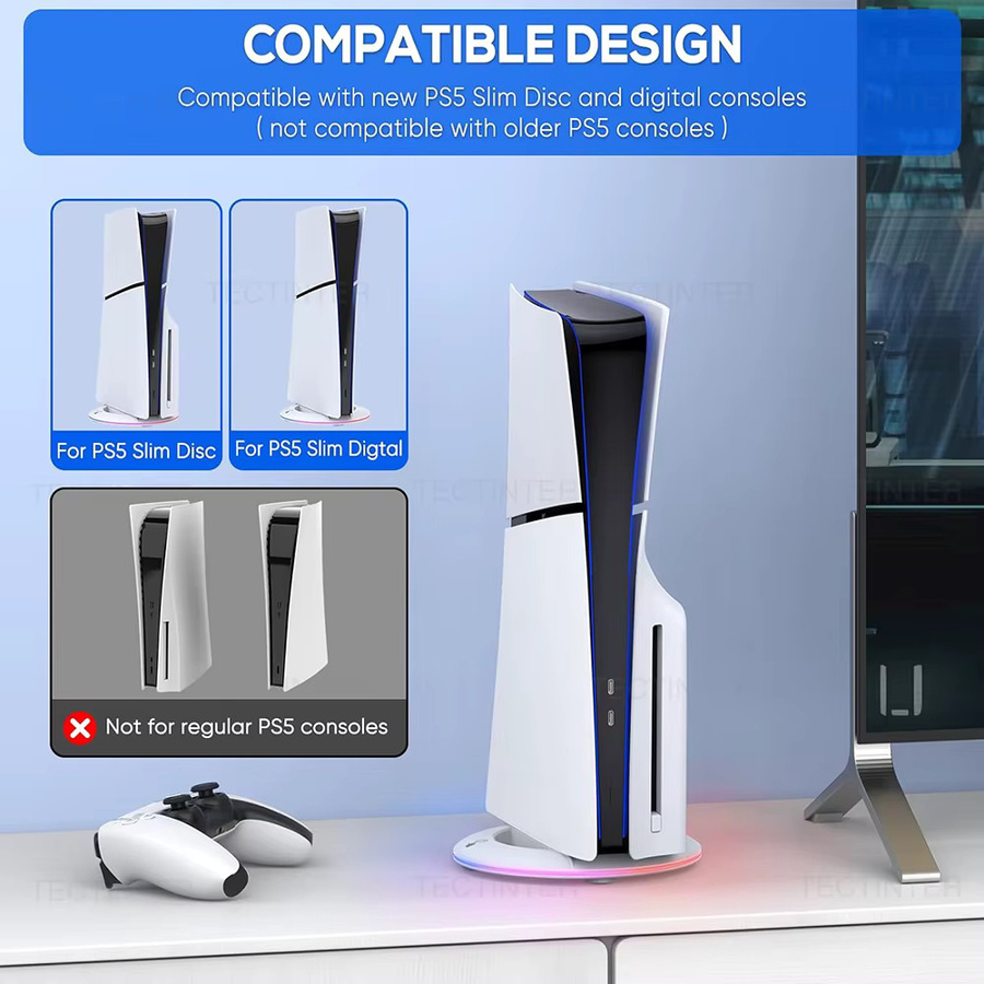 TECTINTER Vertikaler Kühlständer für PS5 Slim und PS5 Pro mit RGB-Beleuchtung und rutschfester Basishalterung in Schwarz - Bild 2