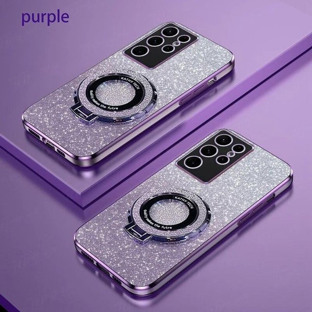 Luxus Plating Magnethalter Handyhülle aus Silikon mit Glitzer-Effekt für Samsung Galaxy S24 Ultra S23 S22 S21 S20 Plus FE Note 20 10 in Violett/Silber - Bild 1