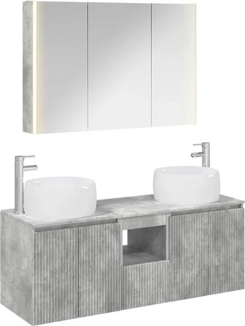 vidaXL Badezimmerschrank-Set 4-teilig in Betongrau, modernes Design mit Waschtischunterschrank, Spiegelschrank und LED-Beleuchtung, Material MDF, matt - Bild 1