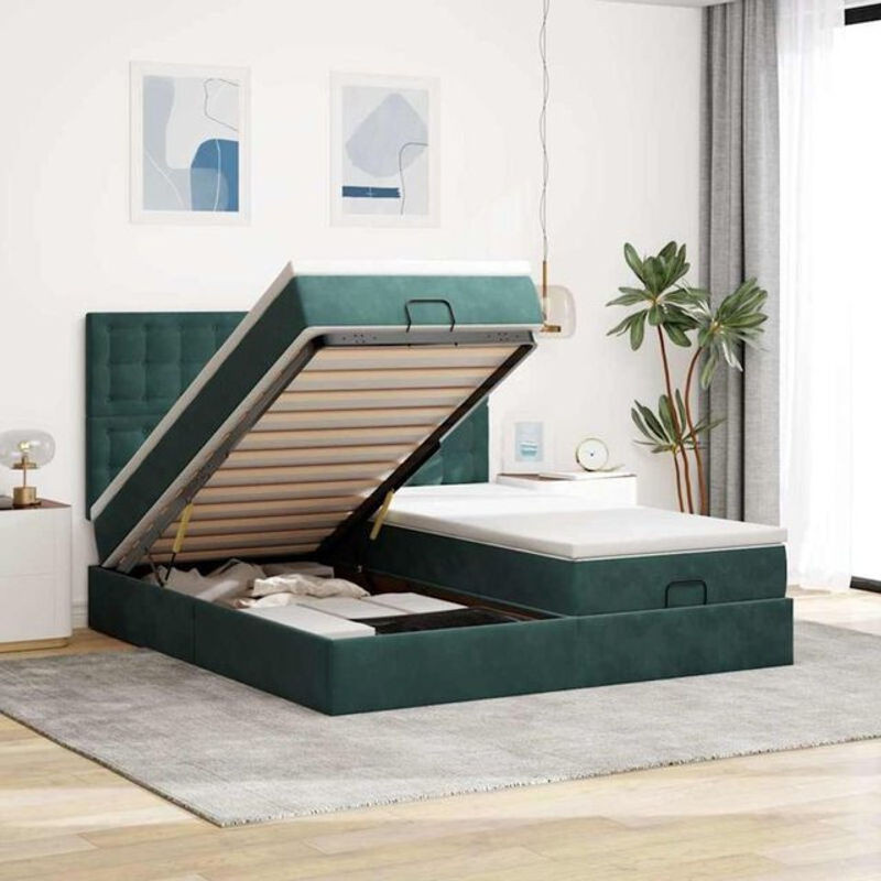Vidaxl Ottoman Polsterbett mit Matratze und LED in Dunkelgrün aus Samt B/T/H: 160 x 200 x 128 cm - Bild 1