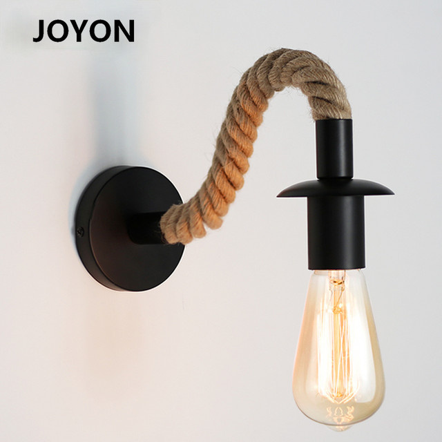 JOYINLED Industrielle Vintage Wandlampe aus Metall und Hanfseil mit E27 Fassung in Schwarz oder Braun für Schlafzimmer, Wohnzimmer und Esszimmer - Bild 1