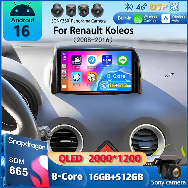 RSNAVI Android 16 Autoradio für Renault Koleos 2008 - 2016 mit Navigation, Multimedia Player, WiFi und 4G, Farbe: Schwarz - Bild 1