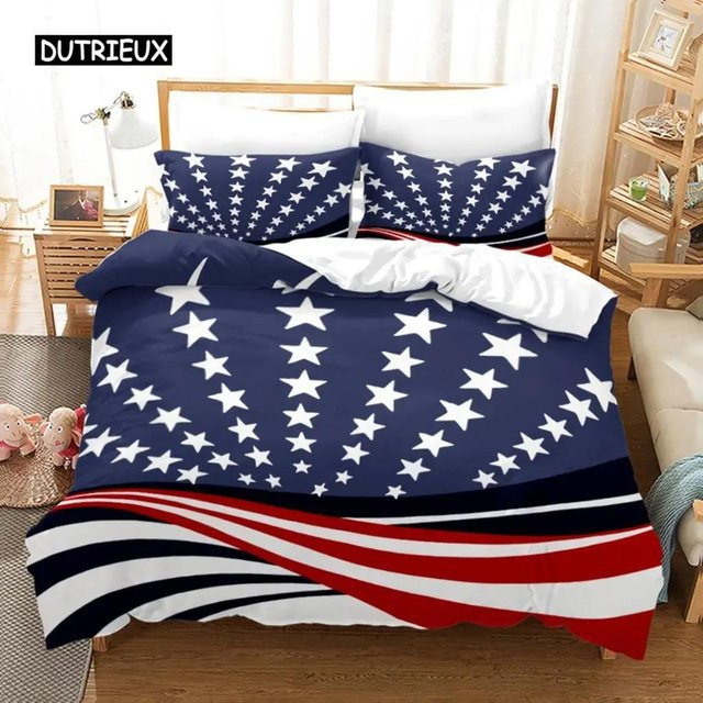 Bettwäsche-Set mit amerikanischer Flagge von Binchi Outdoor Product aus Mikrofaser, rot-weiß-blau gestreift, B/H: 240 x 220 cm - Bild 1