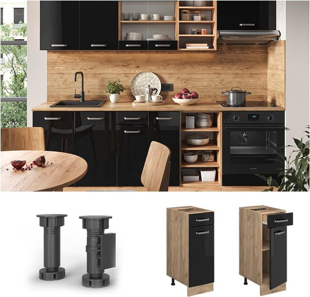Vicco Küchenunterschrank R-Line Schubunterschrank in Schwarz und Solid Eiche modern, Breite: 30 cm - Bild 1