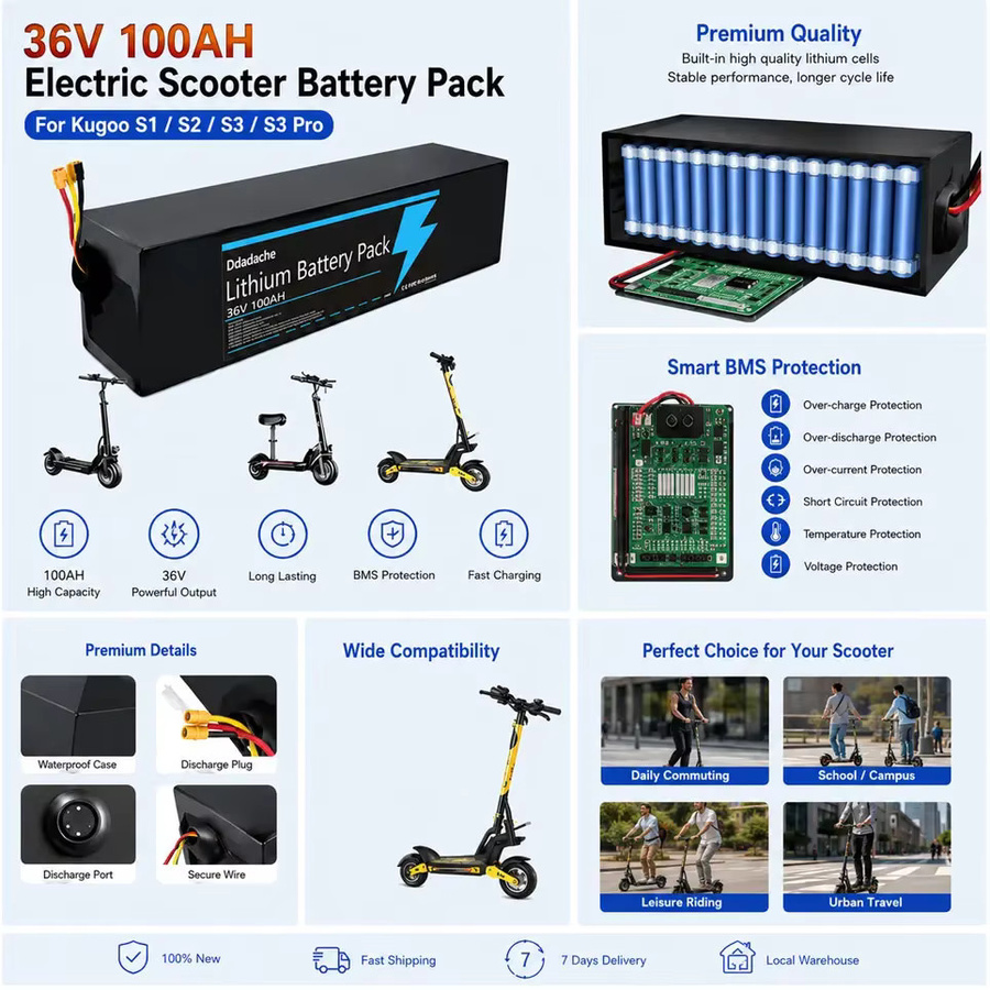 Hochleistungs-Lithium-Ionen-Akku 36 V 10S3P mit 100000 mAh für KUGOO S1 S2 S3 Elektroroller, Schwarz - Bild 4