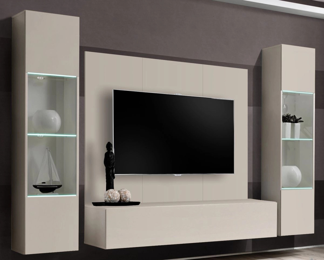 Wohnwand Option von Inn.Furn in Kaschmir Beige, 5-teiliges modernes Wohnzimmer-Set mit LED-Beleuchtung und Glasvitrine, Breite: 260 cm - Bild 4