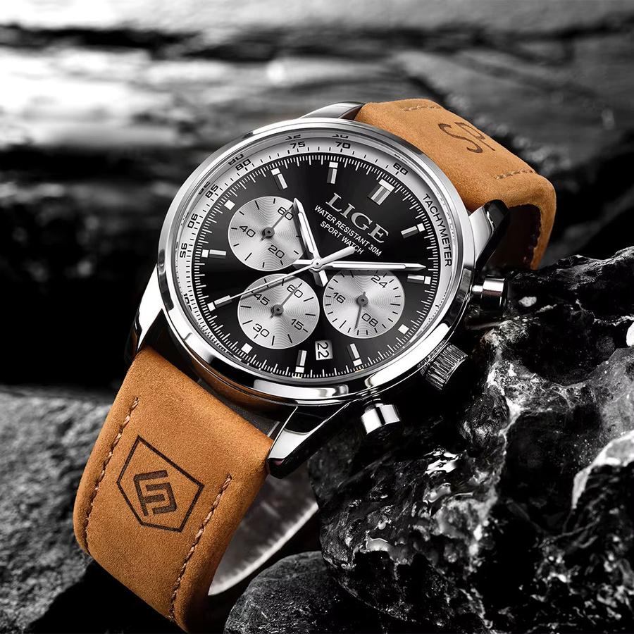 LIGE Armbanduhr Chronograph, Quarz, Leder, Schwarz, Herren - Bild 3