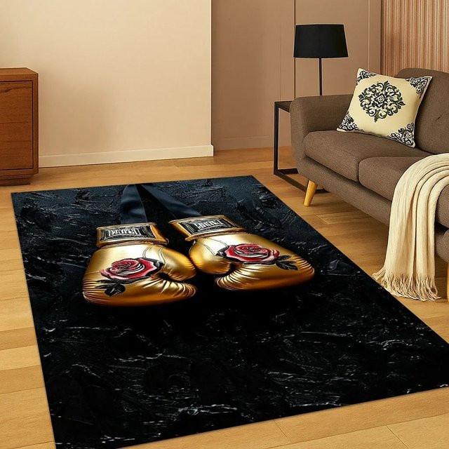 Rutschfester Sportteppich mit 3D-Boxhandschuhe-Motiv in Schwarz für Wohnzimmer, Schlafzimmer und Kinderzimmer - Bild 1