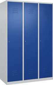 C+P Spind Classic PLUS Garderobenschrank mit 3 Abteilen, Stahlkonstruktion, Zylinderschloss und 4 Garderobenhaken, Farbe: Enzianblau, H x B x T: 185 x 120 x 50 cm - Bild 1