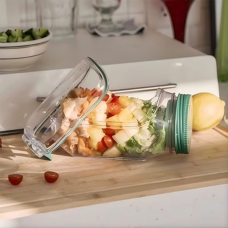 HOCOSHINE Salatbehälter aus Glas mit seitlicher Öffnung und Trennfächern, transparent, mikrowellen-, spülmaschinen- und gefrierschrankfest - Bild 3