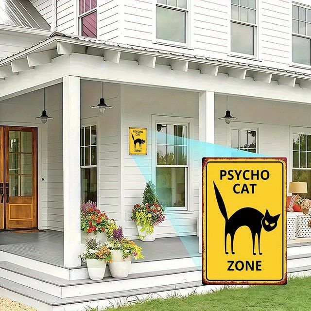 Psycho Cat Zone Metallschild Vintage Horror Dekor mit Psycho Cat Silhouette in Gelb und Schwarz, B: 30,0 cm, H: 20,0 cm - Bild 1