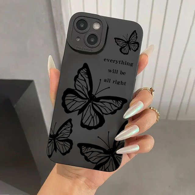 Stoßfeste Handyhülle mit Schmetterlingsdruck für iPhone Modelle, matte TPU-Silikonhülle, Farbe: Schwarz - Bild 1