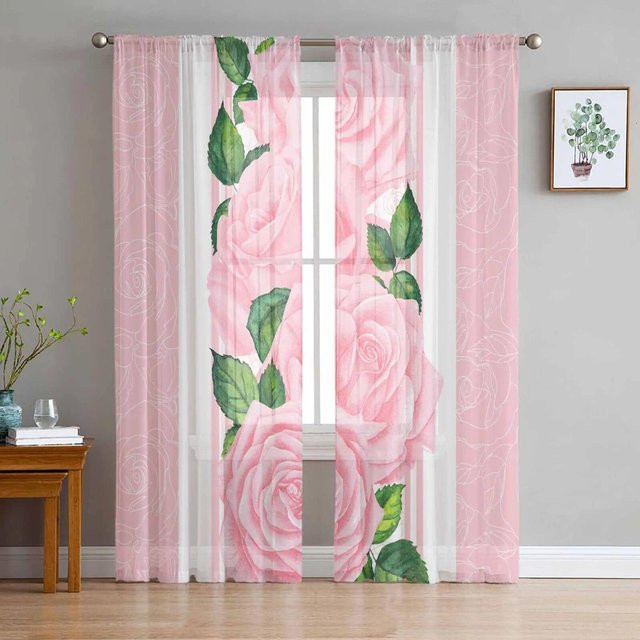 A Family Of Home Textiles Rosa Rose Romantische Luxus-Tüll-Vorhänge aus Chiffon, transparent, B/H: 135 x 274 cm, 2er-Set - Bild 1