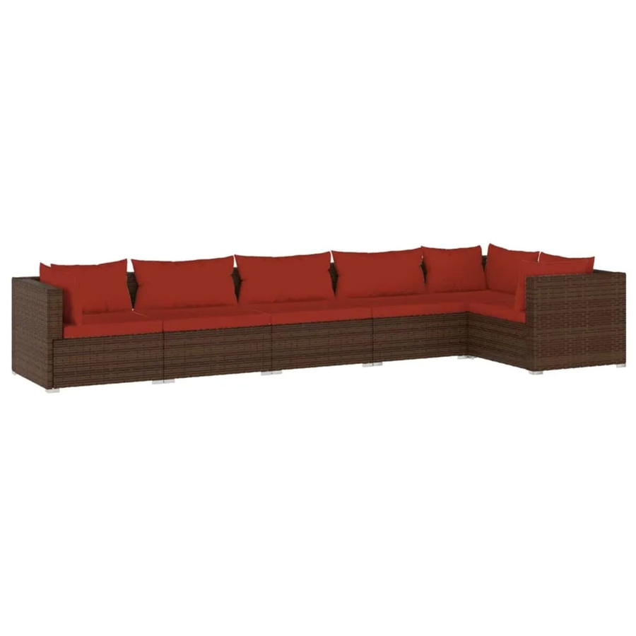 vidaXL 6-tlg. Garten-Lounge-Set in L-Form aus Poly Rattan und Metall in Braun mit roten Auflagen - Bild 2