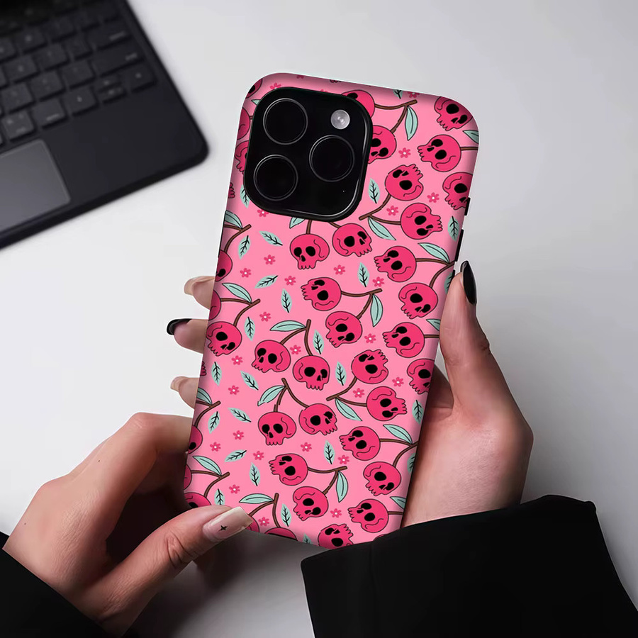 Aurbe Matte 2-in-1 MagSafe Hülle mit Totenkopf und Kirsch-Pop Design für iPhone 17 16 15 14 Plus Pro Max in Pink - Bild 5