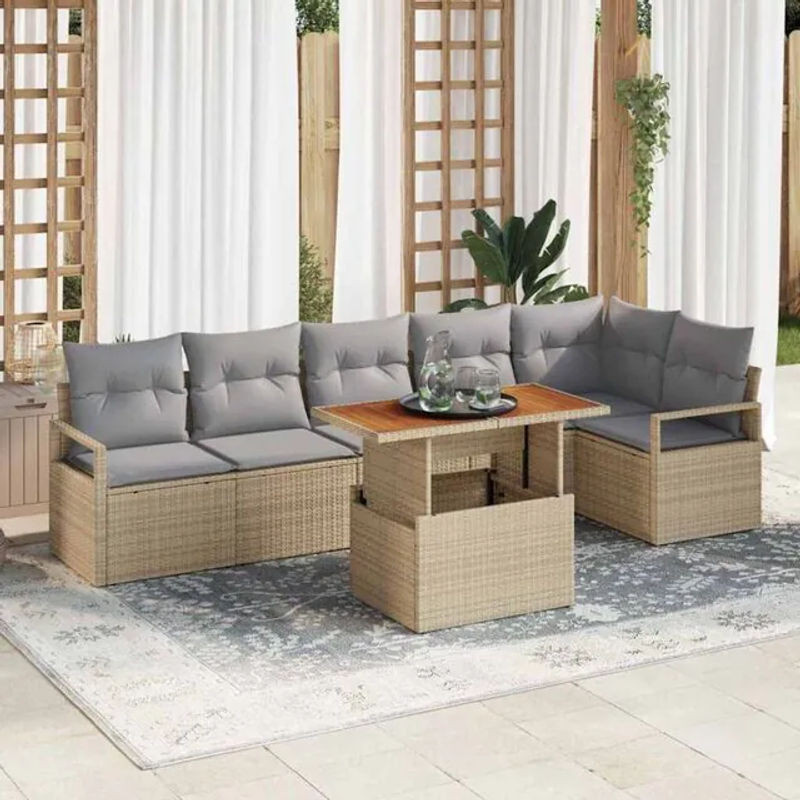 vidaxl Gartenmöbel-Set aus Polyrattan mit 7-teiliger Essgruppe und Kissen in Beige und Grau - Bild 1