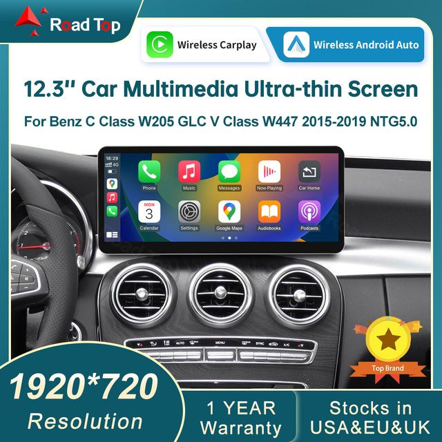 RoadTop Kabelloses CarPlay und Android Auto Multimedia Linux-Display für Mercedes-Benz C-Klasse W205 und GLC V W447 NTG 5.0, 12,3 Zoll, Schwarz - Bild 1