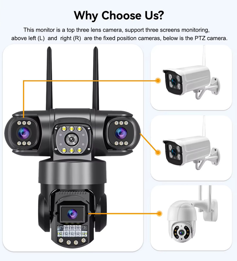 V380 WiFi IP PTZ Kamera Outdoor mit 12MP 6K Auflösung, Drei-Objektiv-System und Nachtsicht, Schwarz - Bild 2