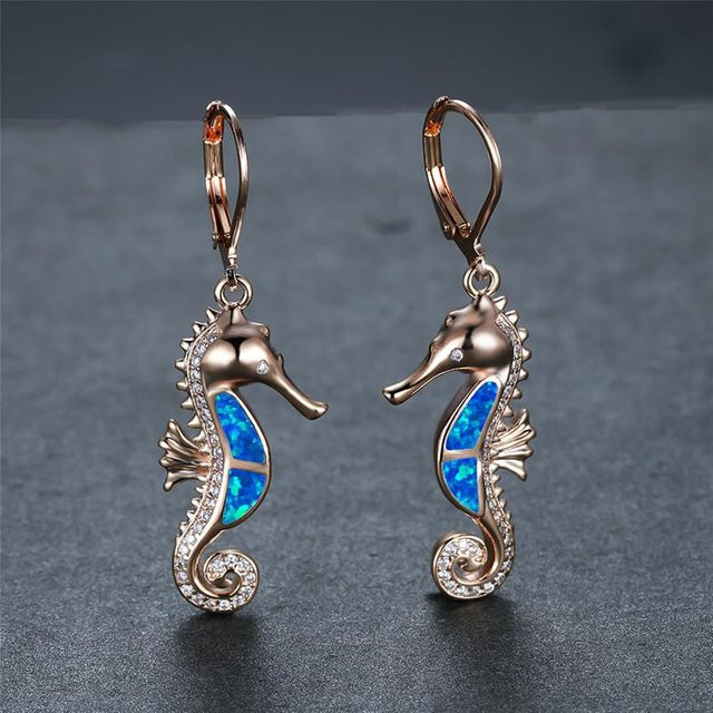 YIRAN Jewelry Hoop-Ohrring, Seepferdchen, Roségold, blauer Opalstein, Damen - Bild 1