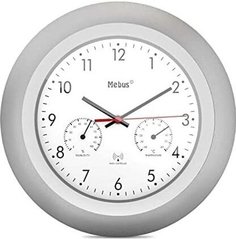 Mebus Funk-Wanduhr rund mit Thermometer und Hygrometer in Silber und Weiß - Bild 1